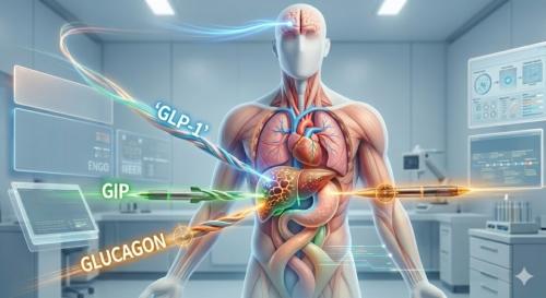 �� ġ���� �з������� �ٲ� ������ ���Ǵ� <strong></strong>��<strong></strong>�����ۿ������� ��Ŀ����. �Ŀ��� �����ϴ� GLP-1, ������ �����ϴ� GIP, �׸��� ���� ���Ҹ� ���� �۷�ī��(GLUCAGON) �� ���� ȣ������ ���� ����źó�� �ۿ��Ͽ� ���� �� ��� �ý����� �ٺ������� �缳���Ѵ�. (AI ���� �̹���)