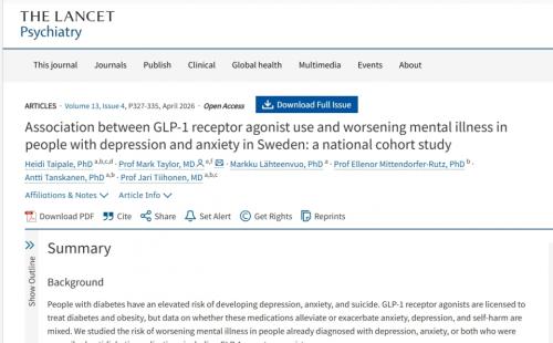 �����۷�Ÿ�̵�(semaglutide) ������ ��������Ҿ���֡����������� ��ȭ ������ ũ�� ���� �� �ִٴ� ������&nbsp;��GLP-1 ����ü �ۿ��� ���� ������ ���Ҿ� ȯ���� ������ȯ ��ȭ ���� ������: ���� ��ȣƮ ������.&nbsp; ������ ��������(Lancet Psychiatry)�� 2026�� 4��ȣ(Vol.13)�� �Ƿȴ�.&nbsp;<br>