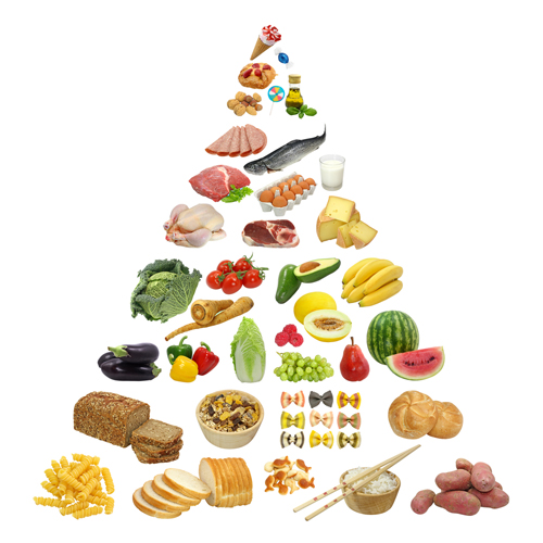 삼각형 모양으로 배치되어 있는 각종 음식들 이미지
