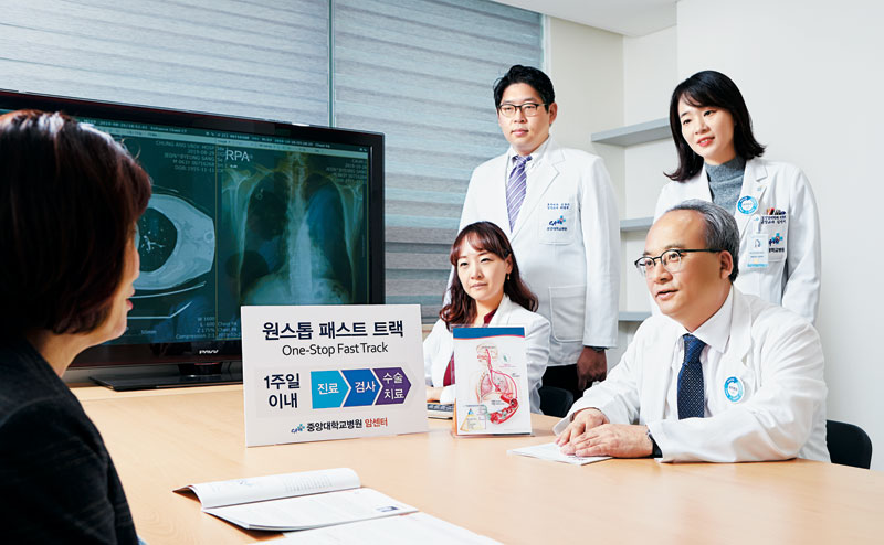 중앙대병원 암센터 신종욱 센터장과 폐·식도암 다학제 진료팀이 치료 계획에 대해 설명하고 있다.
