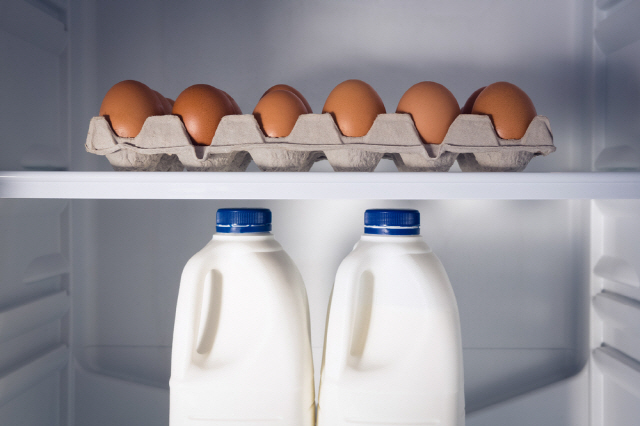 냉장고 안에 보관된 달걀과 우유