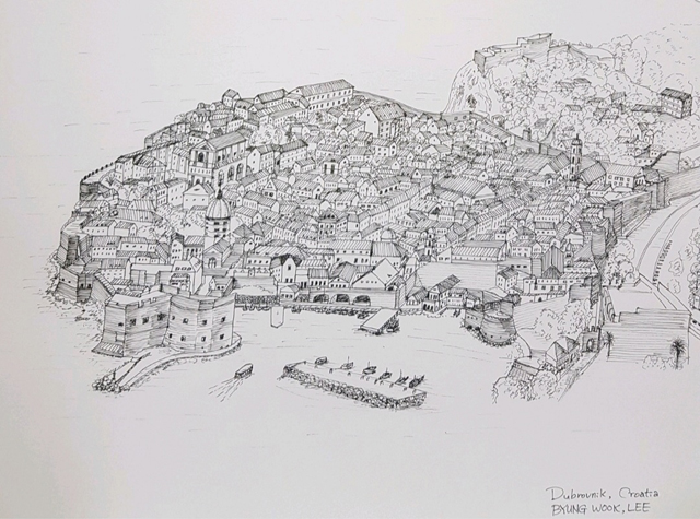 이병욱 박사의 작품, <행복한 항구 Dubrovnik Croatia> 30.0X42.0cm Rotring Pen on paper
