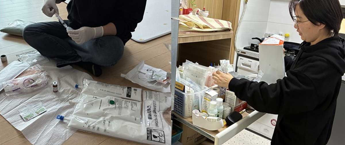 TPN을 준비하는 이다래씨와 지민이의 의료용품으로 가득 찬 수납장​