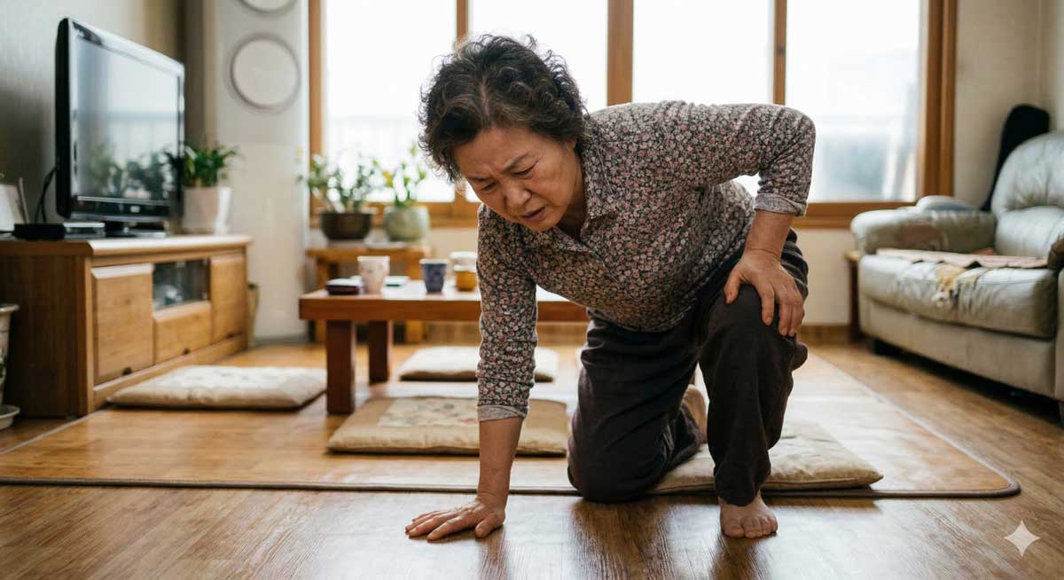 무릎 잡고 있는 노인 사진