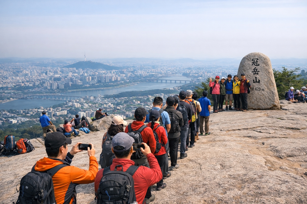산 정상에서 사진 찍는 사람들